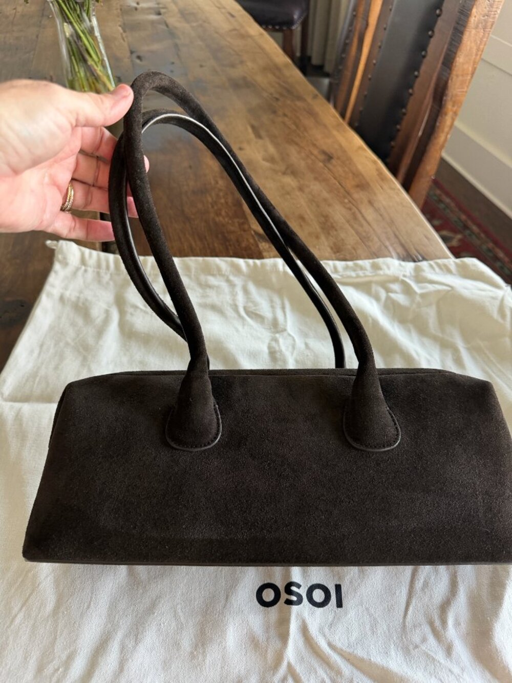 OSOI Boat Wide Suede Mocha Brown Shoulder Bag - Picture 5 of 9